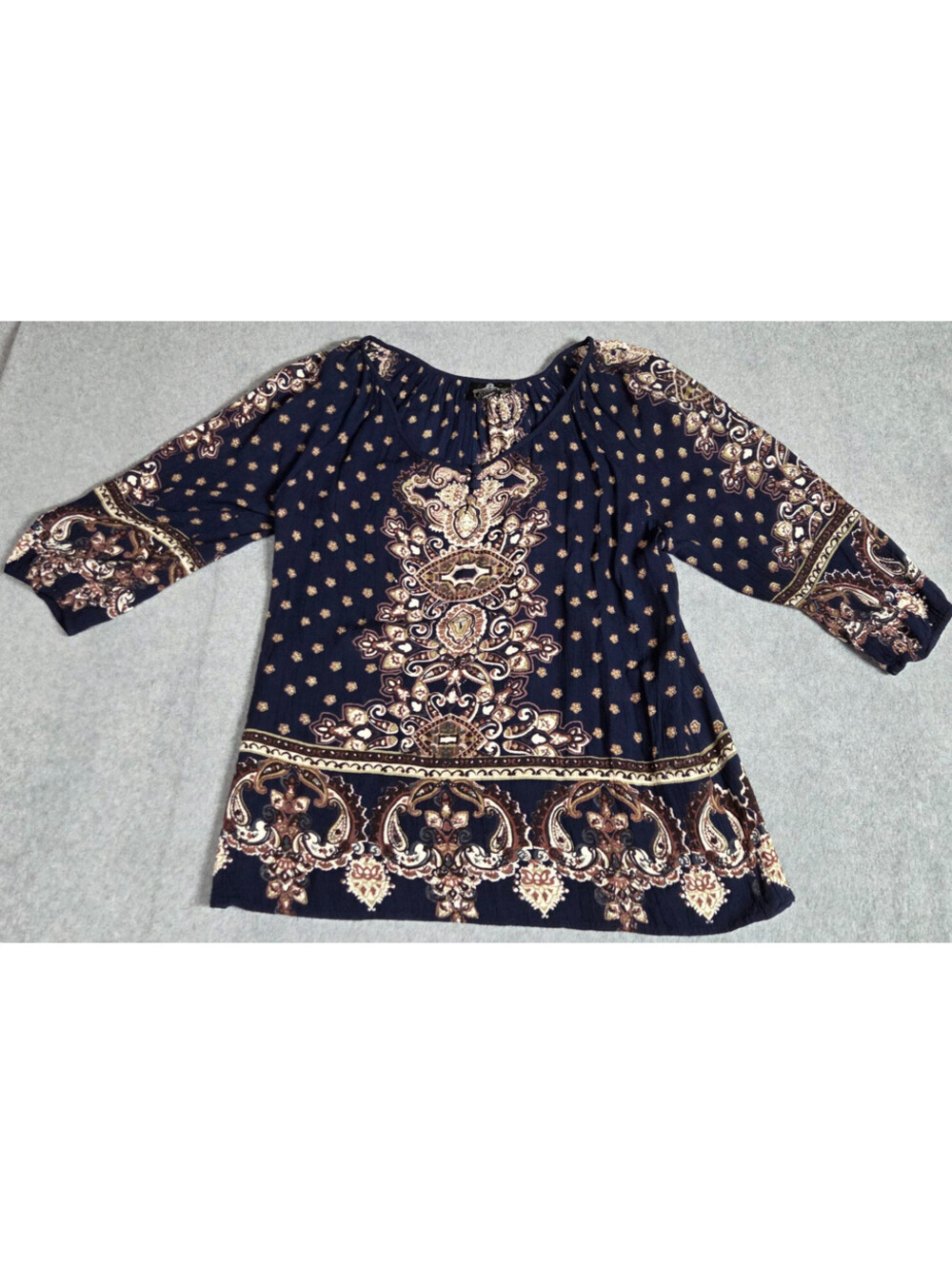 ANGIE Womens Boho Tunic Blouse Medium Navy Paisley Rayon 3 4 Sleeve 18x23